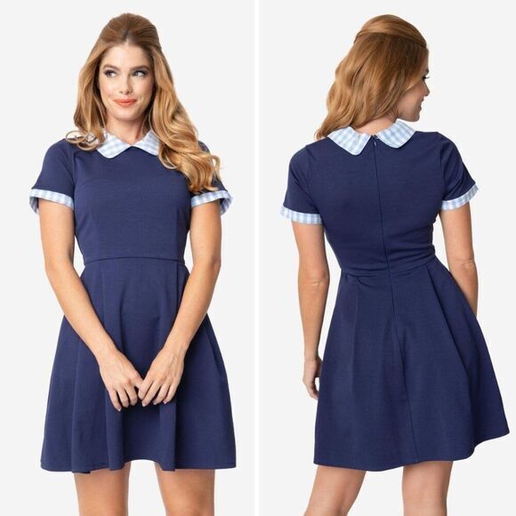 Unique Vintage Gwynnie‎ Bee Gingham Collar Navy Fit-And-Flare Dress, 3X - Picture 1 of 16